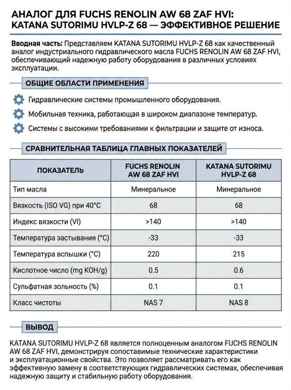 FUCHS RENOLIN AW 68 ZAF HVI и KATANA SUTORIMU HVLP-Z 68: Сравнение аналогичных гидравлических масел