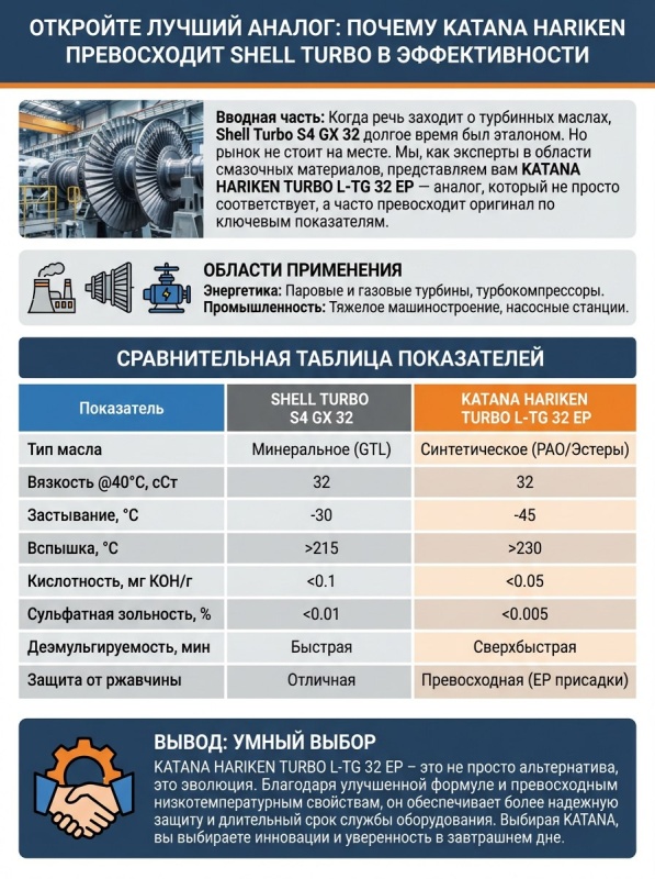Турбинная надёжность без переплаты: KATANA HARIKEN TURBO L‑TG 32 EP — аналог Shell Turbo S4 GX 32
